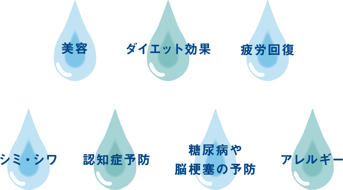 美容、ダイエット効果、疲労回復、シミ・シワ、認知症予防、糖尿病や脳梗塞の予防、アレルギー